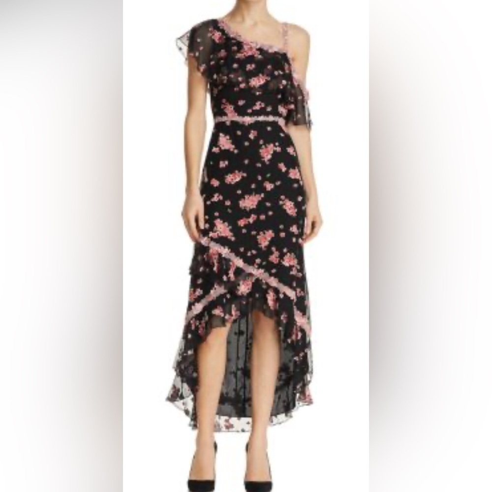 Alice + Olivia Caydon Floral ruffle one shoulder high low midi dress size 2 - Picture 3 of 15